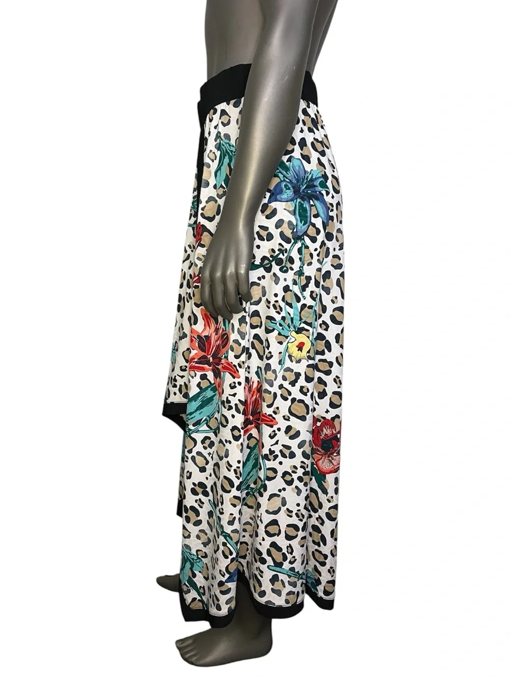 Soft Surroundings Skirt S Floral Leopard Print Asymmetrical Midi White Flowy - Picture 3 of 9